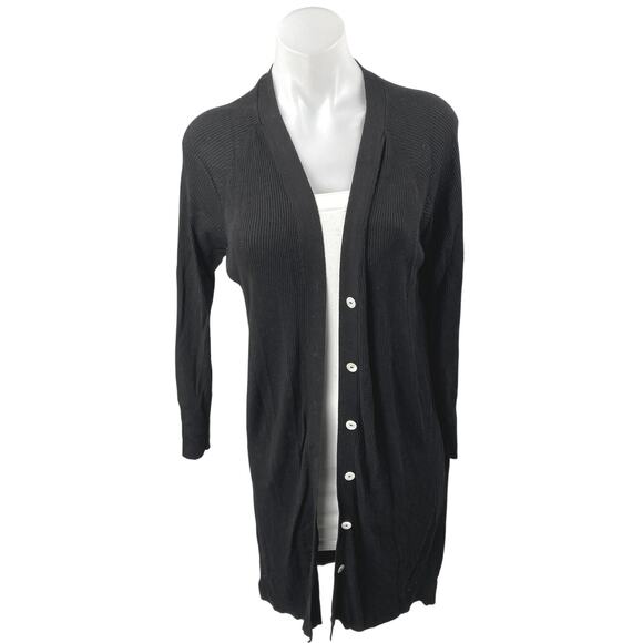 MNG Mango Black Long Sleeve Ribbed Knit Button Up Long Cardigan Sweater Size L - Picture 1 of 4